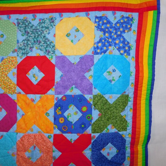 Handmade Bright Colourful Baby Lap Quilt Blanket Rainbow XO Balloons 37" x 49" - Picture 3 of 9